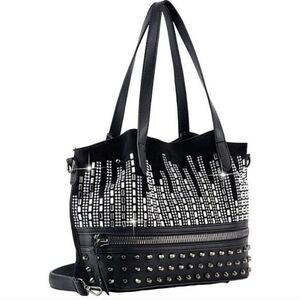 Rhinestone Bling Studded Black Vegan Leather and Suede Hobo Handbag Purse